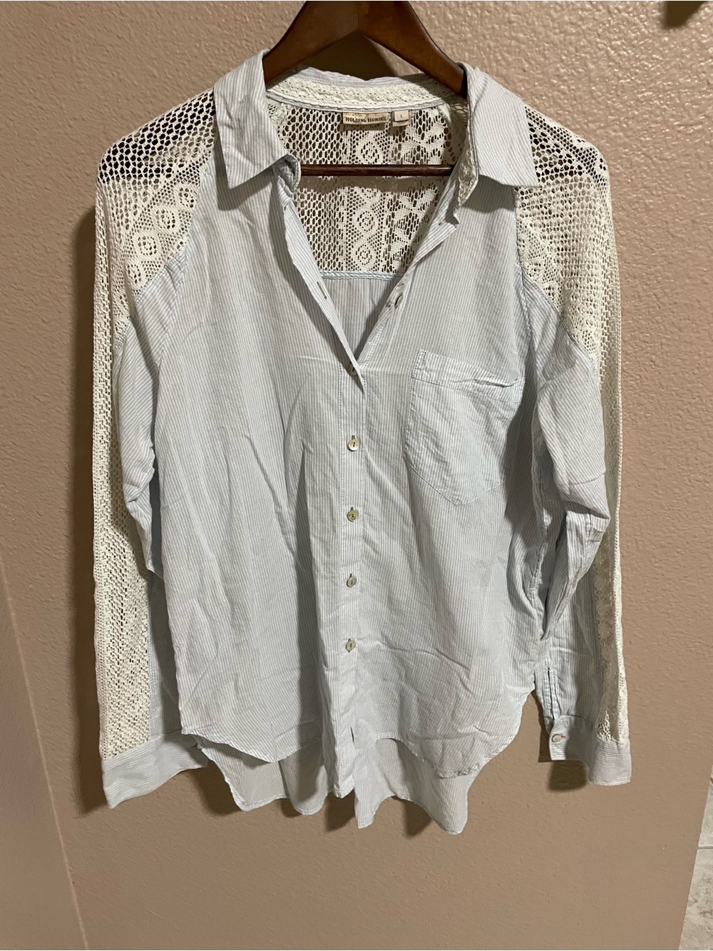 HOLDING HORSES Light Blue Button-Down with Cream Lace Insets